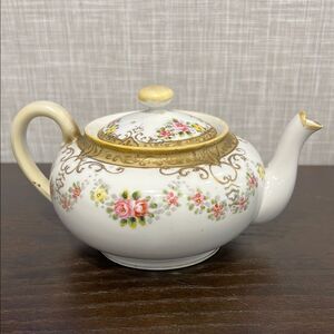 Antique Noritake Nippon Maple Leaf Teapot 1891 Hand Painted Gold Pink Roses